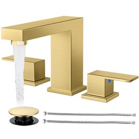 Cobbe Bathroom Faucets for Sink 3 Hole, Brushed Gold Bathroom Sink Faucet Square 8 inch Widespread with Pop-Up Drain, 2 Handle and 2 Supply Hoses, Lead-Free Stainless Steel for Vanity, Rv, Farmhouse