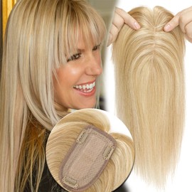 MY-LADY Hair Topper for Women Human Hair for Thinning Hair Loss 7 * 13CM Silk Base 150% Density Real Remy Hair with Bangs Clip in Hair Pieces Straight Hairpiece 10 Inch Ash Blonde & Bleach Blonde