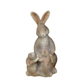 Mummy Hare And Babies Figurine 17cm Rustic Resin Carved Wood Effect Woodland Animal