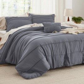 Bedsure King Comforter Set - 4 Pieces Pinch Pleat Bed Set, Dark Grey Boho Bedding for All Season, 1 Soft Comforter, 2 Pillowcases, 1 Decorative Pillow