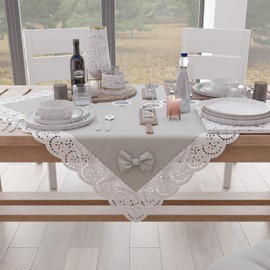 PETTI Artigiani Italiani - Elegant Table Cover Kitchen Table Decoration Plain Sangallo Lace Ruffle Ribbon Cotton Centerpiece 95 x 95 cm