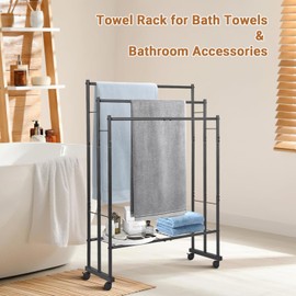 43.7“ Tall Free Standing Towel Racks for Bathroom, 3-Tier Metal Floor Towel Rack Stand with Wheels & Storage, Quilt Rack, Towel Drying Rack, Blanket Ladder Holder for Living Room, Bedroom, Black