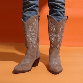 gioanroca Cowboy Boots for Women Mid Calf Low Heel Pointed Toe Womens Cowgirl Boots, Fashion Embroidery Western Women Side Zip Boot