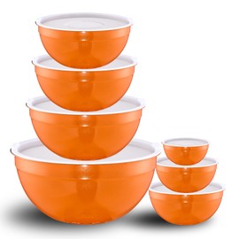 LKTDYMEG Orange Mixing Bowls with Lids Set of 7, Stainless Steel Nesting Bowl with Khaki Lid for Non-slip Mixing Prepping Storing Serving, 7 Sizes-7/3.6/2.7/2.1/1.5/1/0.8 QT