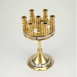 Orthodox Candle Holder - 7 Candle Brass Candelabra with Mother of Pearl Inlay, Home Icon Altar, Prayer Corner, Height: 5.9 inch