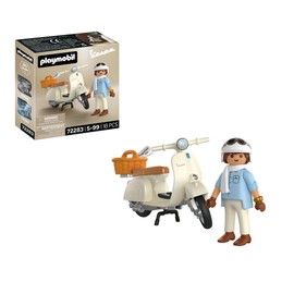 PLAYMOBIL | Veicoli | 80 anni di Vespa: stile classico | Vespa anniversario color crema con personaggio, cestino e foglio di adesivi | Giocattolo per bambini dai 5 anni in su | 72283