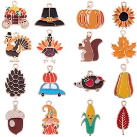 SUNNYCLUE 1 Box 64Pcs Thanksgiving Enamel Charms Alloy Fall Charm Bulk Alloy Autumn Harvest Sunflower Turkey Pumpkin Gnome Maple Leaves Charm for Jewelry Making Charms Earrings Necklace DIY Supplies