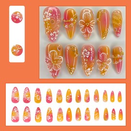 24Pcs Hibiscus Flower Press on Nails Medium Almond Fake Nails 3D Gold White Pearl Rhinestones Glue on Nails Orange Pink Gradient False Nails Cute Flower Acrylic Stick on Nails Stiletto Artificial Nail