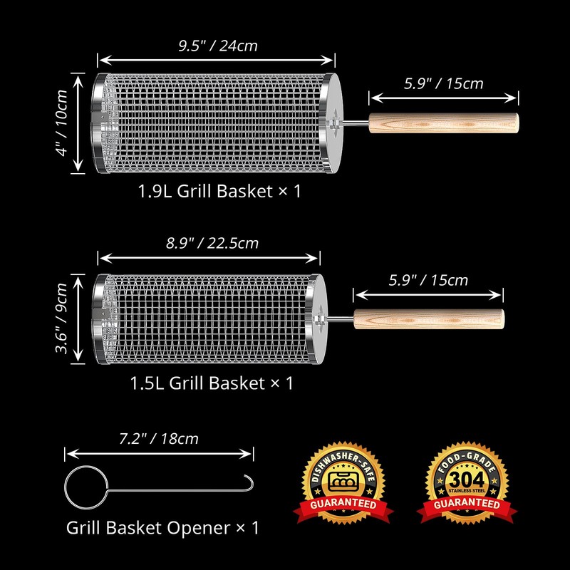 ivtivfu Rolling Grill Basket, Removable Wooden Handle, 304 Stainless Steel,
