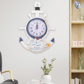 WINOMO Beach Themed Decor: Anchor Clock Mediterranean Style Beach Sea Theme Nautical Ship Wheel Rudder Steering Wheel Decor Wall Hanging Decoration