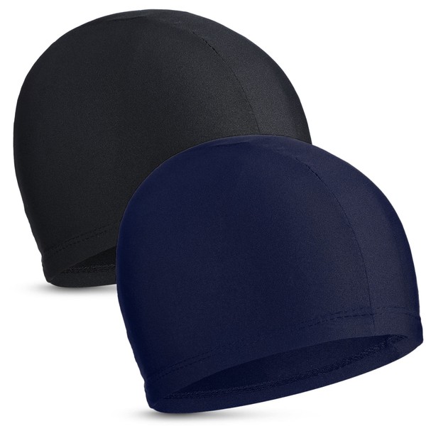 Pack of 2 Elastic Swimming Caps, Comfortable Fabric Swim Hat, Lightweight Swimming Caps for Women, Men, Children for Swimming (Black, Navy Blue)