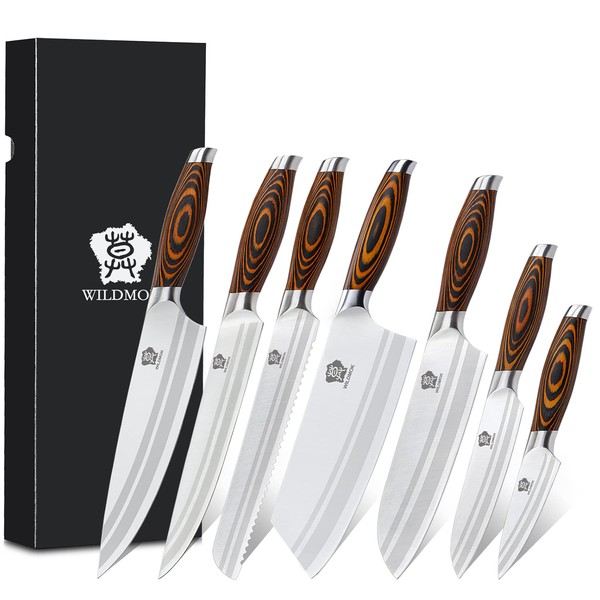 WILDMOK 7-Piece Kitchen Knife Set with Premium Pakkawood Handle German Steel Knife Set Including Chopping Knife Chef's Knife Santoku Knife Set