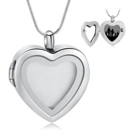 Cremation Jewelry Necklace for Ashes Heart Shaped Memorial Picture Lockets for Ashes Stainless Steel Keepsake Urn Ashes Pendants That Holds Pictures Photo (Silver)
