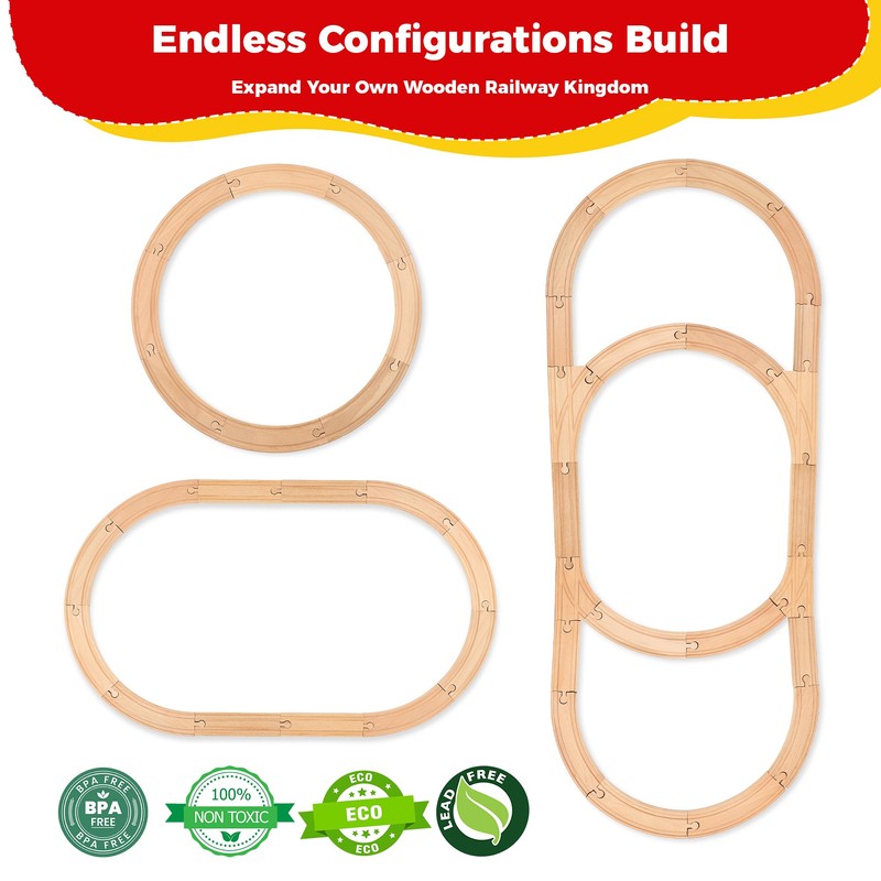WudBudz Wooden Train Tracks 24 Pcs Set - Compatible with