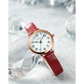 CIVO Women Watches Leather Arabic Numerals Minimalist Wrist Watch Women Waterproof Analog Quartz Casual Ladies Watches Red Leather Strap Elegant Gifts for Women Girls