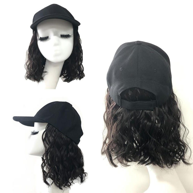Hat Wig (Brown Black, 14 Inch-Curly)