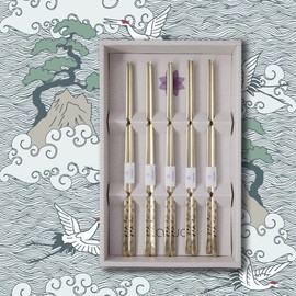 BALWOO Korean Flat Chopsticks [5 Sets][Made in Korea] 304 Premium Stainless Steel, Mukbang Utensil Cutlery Metal Chopsticks (Crane, TITANIUM)