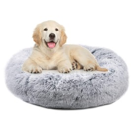 Mr. Peanut's OrthoPlush Two Tone Extra Fluff Faux Fur Donut Pet Bed (Small, Gray)