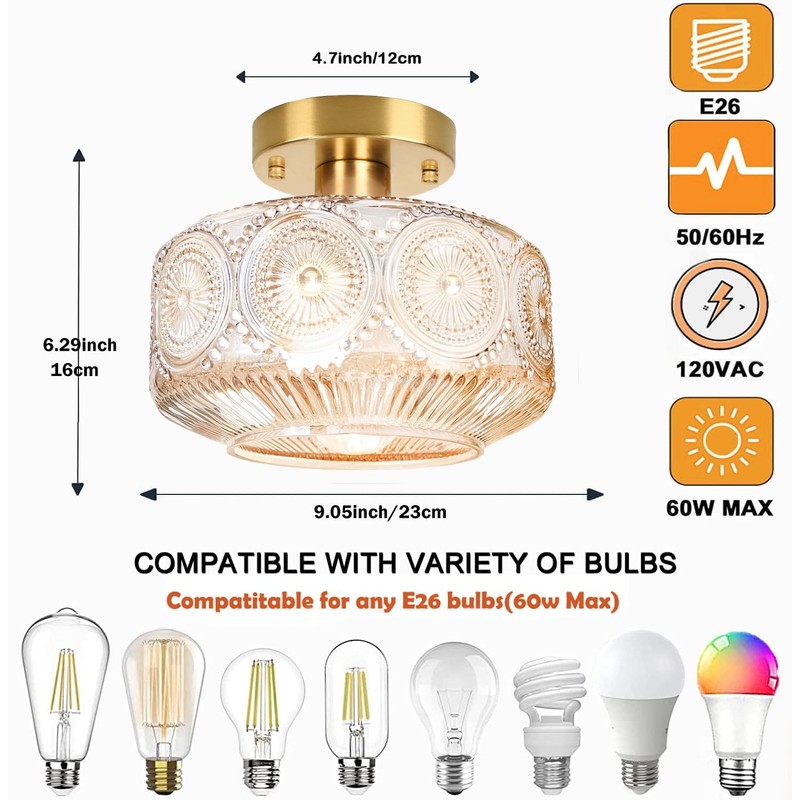 Jolydoly Semi Flush Mount Ceiling Light,Globe Glass Ceiling Light,Vintage Small