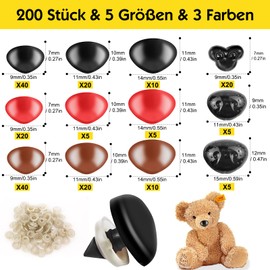 HavaCue Pack of 200 Safety Noses for Crochet Animals, Plastic Safety Noses for Animals, Black, Brown, Red, 5 Sizes Noses, Doll Nose with Washers for Amigurumi Puppets DIY Crafts