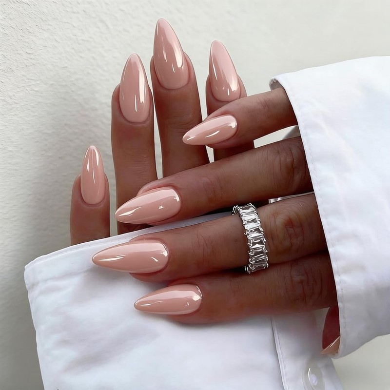 SXVME Uñas postizas cromadas almendra, rosa carne, con acabado de