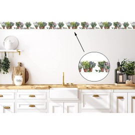 Concord Wallcoverings Wallpaper Border Garden Pattern Plans Flowers in Ceramic Pots for Cottage Farm House, White Purple Brown Green Purple, 5.5 Inches by 15 Feet KV79537