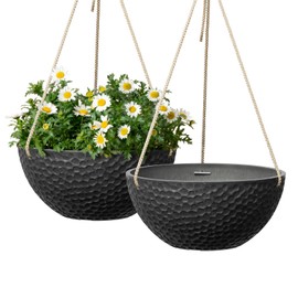 LA JOLIE MUSE Hanging Planters for Indoor Plants, Medium Hanging Planters with Drain Holes, Indoor Hanging Flower Pots, Matte Black, Honeycomb Pattern (10 Inch, Set of 2)