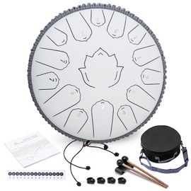 Steel Tongue Drum 13 Inch 15 Notes,Hand Drums with C-Key Travel Bag Drumsticks Holder Finger Paddles and Music Book,Handpan Percussion for Musical Education Meditation Yoga Gifts(Titanium White)