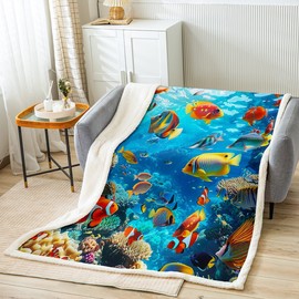 Cute Tropical Fish Kids Throw Blanket,Ocean World Coral Seaweed Bed Blanket for Boys Girls,Sealife Marine Creature Fleece Blanket,Blue Colorful Fuzzy Blanket,Baby Size (30 x 39 Inches)