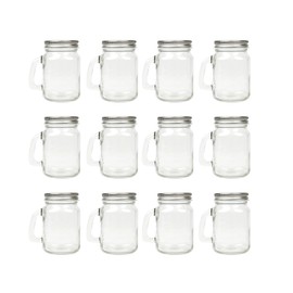 Homelike Style 4 oz Mini Mason Jar Mugs with Handle, Small Glass Jars with Airtight Metal Lids, 12 Pack Empty Glass Mugs for Gift Party Wedding Candle and Favor