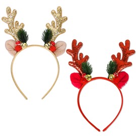 AYNKH Christmas Reindeer Headband 2 Pcs Sequins Antlers Christmas Headbands Xmas Hair Hoops with Plush Ears Bell Antler for Kids Women Girls Christmas Party Headwear Hair Band Decoration Accessories