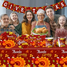 Turkey Thanksgiving Decor Tableware,142pcs Thanksgiving Party Supplies Include Turkey Plates and Napkins Cups Tablecloth Banner for Fall Leaves Autumn Theme Give Thanks Decor