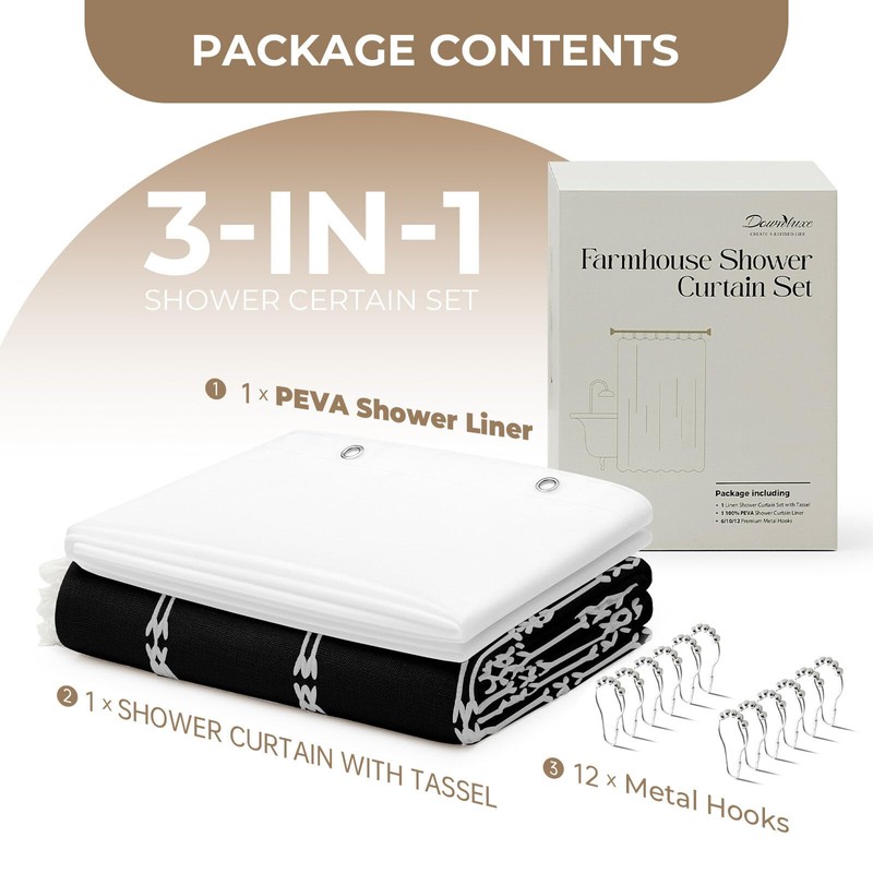 downluxe Linen Texture 3 in 1 Farmhouse Shower Curtain Set