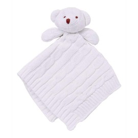 Newborn Baby Girl boy Toddler Cotton Cable Knit Security Blanket Crib Soothing Bear Head Gift Set (White)