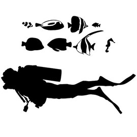 VWAQ Scuba Diver Wall Decals Ocean Theme Vinyl Stickers Fish Underwater Room Decor - V1 (Black)