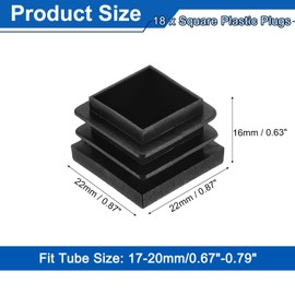 sourcing map 18Pcs Square Plastic Plugs, 22 x 22mm/0.87 x 0.87inch PE Pipe Tubing End Caps for 17-20mm/0.67-0.79inch Square Tube Furniture Chair Leg, Black