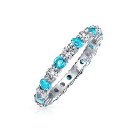 Bling Jewelry Aqua White Alternating Two Tone Eternity Band Ring For Women Simulated Aquamarine CZ Stackable 925 Silver