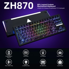 ZORNHER ZH870 Wireless Mechanical Gaming Keyboard,80% Black Custom Creamy Sound Keyboard with Lighted Up IMD PBT Keycaps,Pre-lubed Linear Switches,Hot-Swappable,RGB Backlit,2.4GHz/USB-C/BT5.0