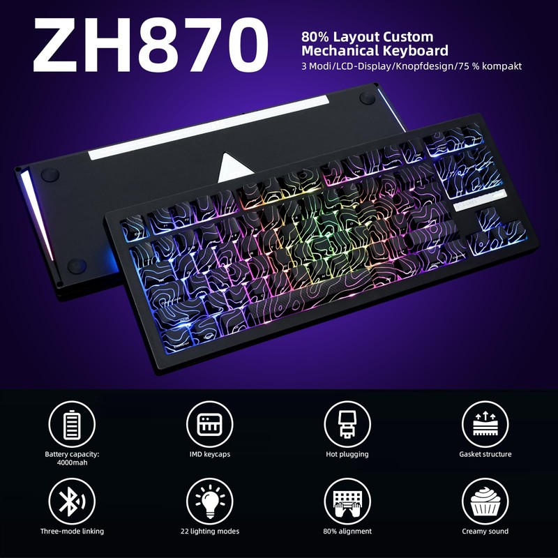 ZORNHER ZH870 Wireless Mechanical Gaming Keyboard,80% Black Custom Creamy Sound