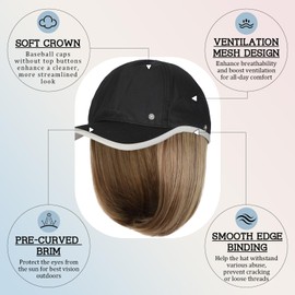 Qlenkay Waterproof Baseball Cap Attached with Straight Bob Hair Soft Crown Adjustable Quick Dry Hat Wig 14in Short Synthetic Hairpiece for Women Ash Blonde Mix Light Brown