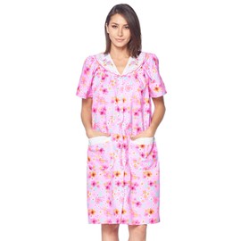 Casual Nights Womens Snap Front House Dress Short Sleeve Woven Housecoat Duster Lounger Robe, Floral Pink, Small