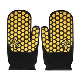 JH Heat Resistant Oven Glove:EN407 Certified 932 °F, BBQ & Oven Mitts for Cooking, Kitchen, Fireplace, Grilling, 1 Pair (Mitten, Black/Yellow)