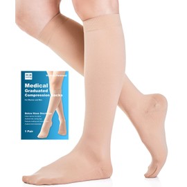 Medical Compression Stockings for Men and Women, 20-30 mmHg, Class 2, Size S-4XL, Graduated Support, Compression Socks, Support Stockings for Varicose Veins, Edema, Flight, beige