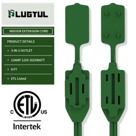 PLUGTUL Indoor Green Extension Cord 9 Feet, 3-Outlet Household Extension Cord, 2 Prong, 16 Gauge, 3 Polarized Outlets with Safety Cap Protect for Home Office, 16/2 SPT-2 ETL Listed