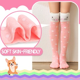 Kids Girls Knee High Socks Crazy Silly Long Cute Funny Animal Tall Boot Fun Gift Stocking Stuffers for Kids Socks for Child 6 Pairs (Pink Grey Stripes)