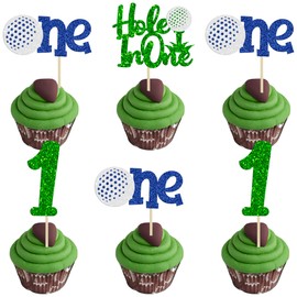 Gyufise 24Pcs Golf One Cupcake Toppers Glitter Sport Golf Ball First Birthday Cupcake Picks Baby Shower Golf Theme Birthday Party Decorations Supplies