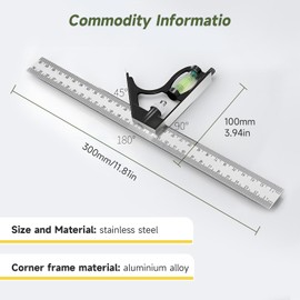 Set Square 300mm/12Inch - Stainless Steel Combination Square with Bubble Level - Adjustable 45°/90° Measuring Tool for Carpenter, Engineer, and Woodworking