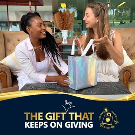 Nush Nush Stunning Iridescent Holographic Gift Bags, Reusable With White Handles, Medium Size, Perfect As Goodie / Birthday Gift Bags, Party Favor Bags, Set of 12, 8Wx4Dx10H Size