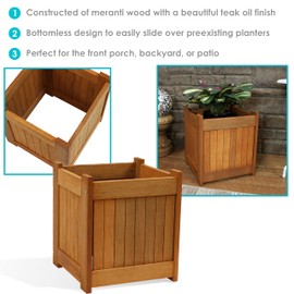 Sunnydaze Meranti Wood 16-Inch Square Planter Box with Teak Oil Finish - Set of 2
