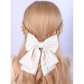 Jumwrit Big Satin Layered Hair Bow Clip with Long Tail Soft Ribbon Hair Barrettes for Women Girls Large Bow Hair Slide Shiny Rhinestone Bowknot French Style Hair Accessories Birthday Gifts (Off White)